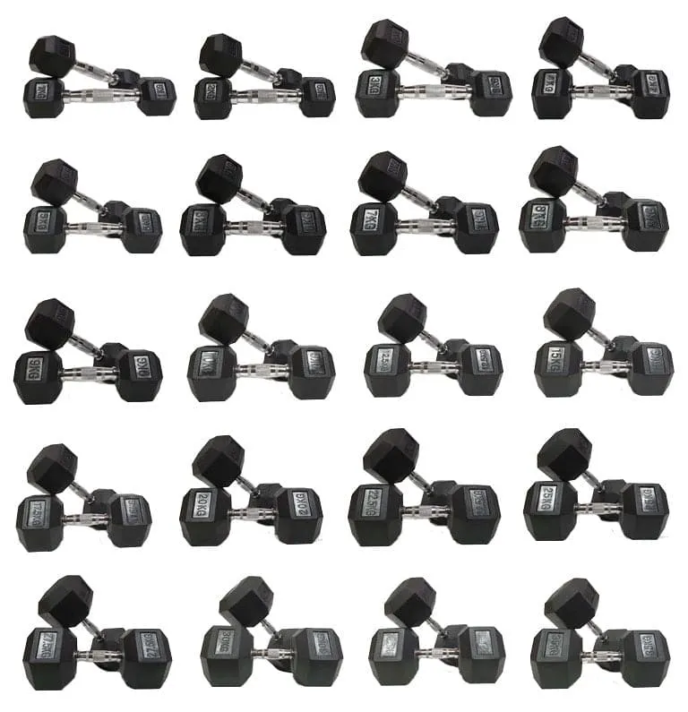 1-25kg Rubber Hexagonal "Class A" Dumbbell Set   Deluxe 3-Tier Dumbbell Rack