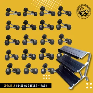 10-40kg "Class A" Rubber Hexagonal Dumbbell Set With Morgan 3-Tier Dumbbell Rack (FULL SET of 13 Pairs)