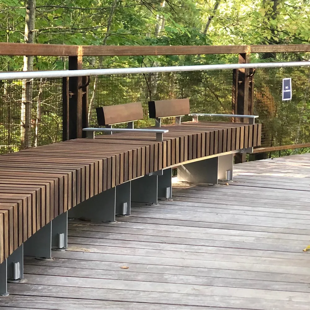 76" Timber Concave Curved Bench with Arms, Tropical Hardwood Slats