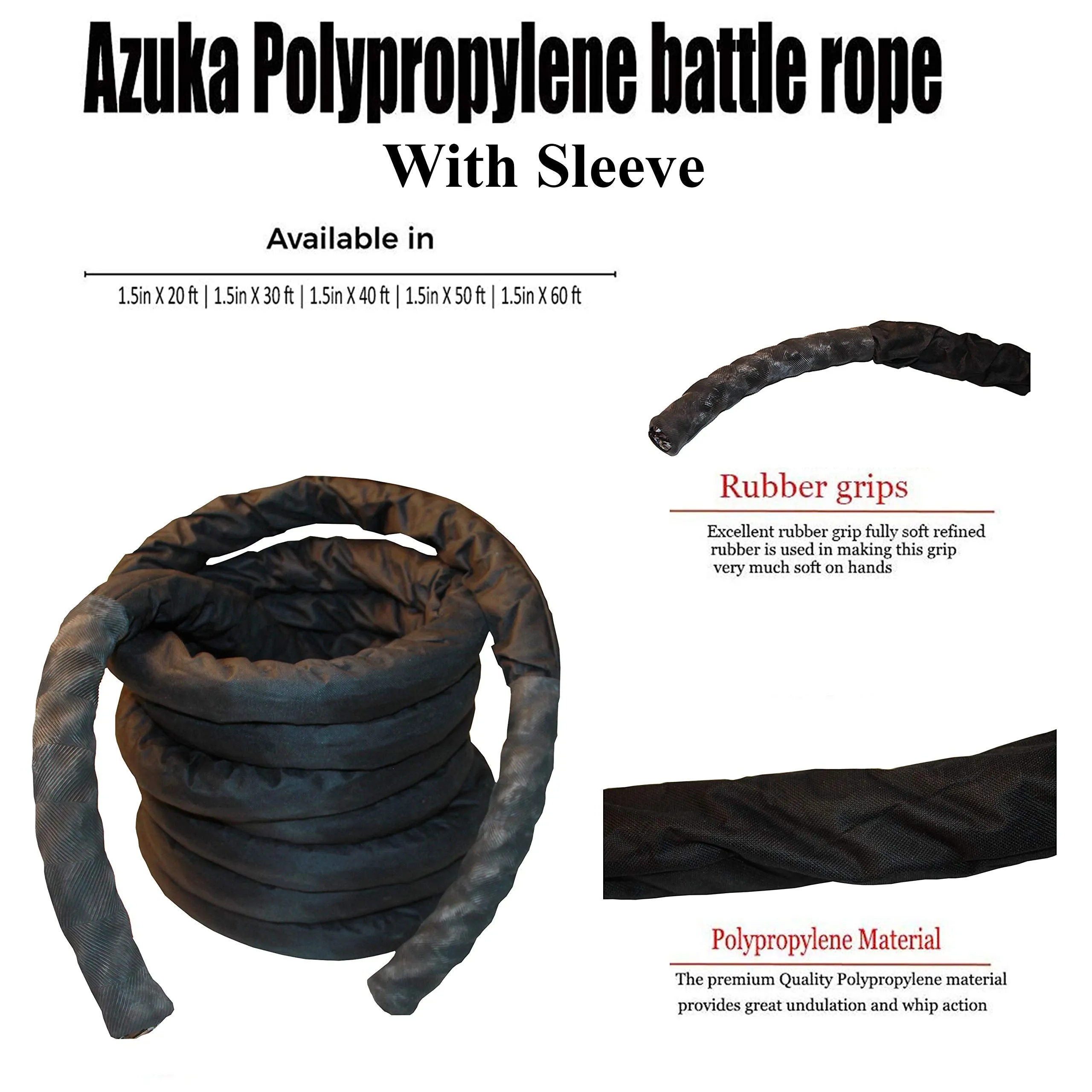 AZUKA® Ultimate Fitness Strength Training Battle Rope with Sleeve 1.5 inch 50 ft,Weight-11kg   Carry Bag   Wall Mount Bracket Kit Set   Anchor Strap   Free Surprise Poster Inside