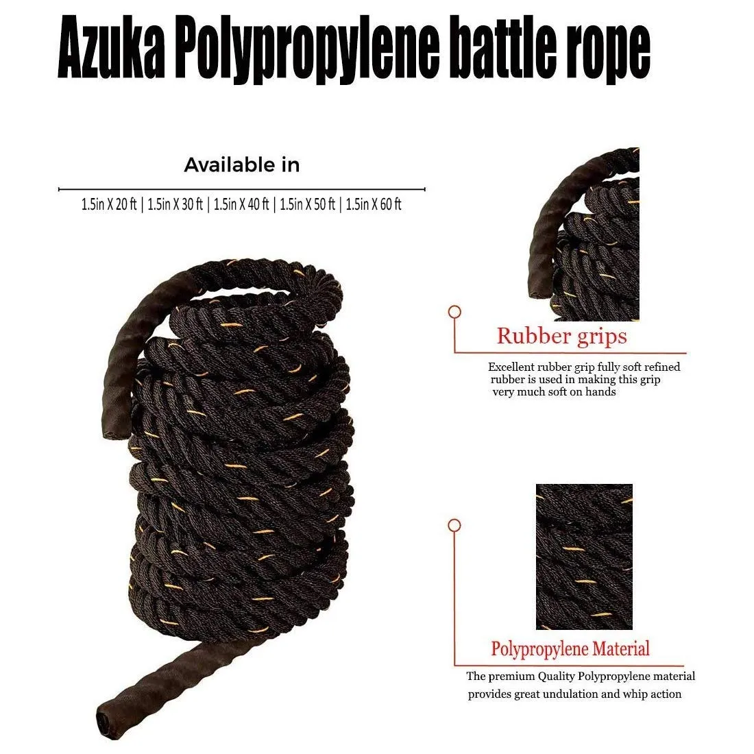 AZUKA® Ultimate Fitness Strength Training Battle Rope1.5inch 40ft,Weight-9.5kg(Black Yellow)   Free Surprise Poster Inside