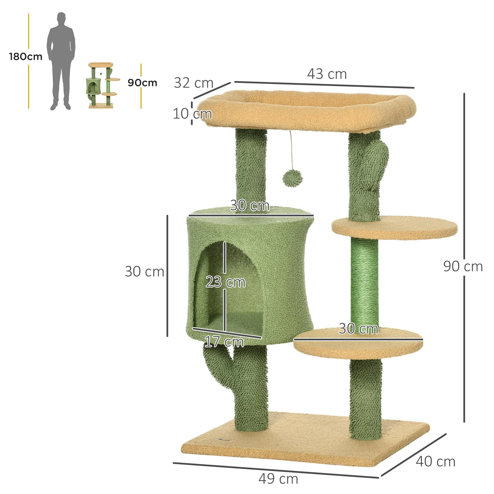 Cactus Cat Tree, 90cm Cat Climbing Tower, kitten Activity Centre with Teddy Fleece House, Bed, Sisal Scratching Posts and Hanging Ball, Green