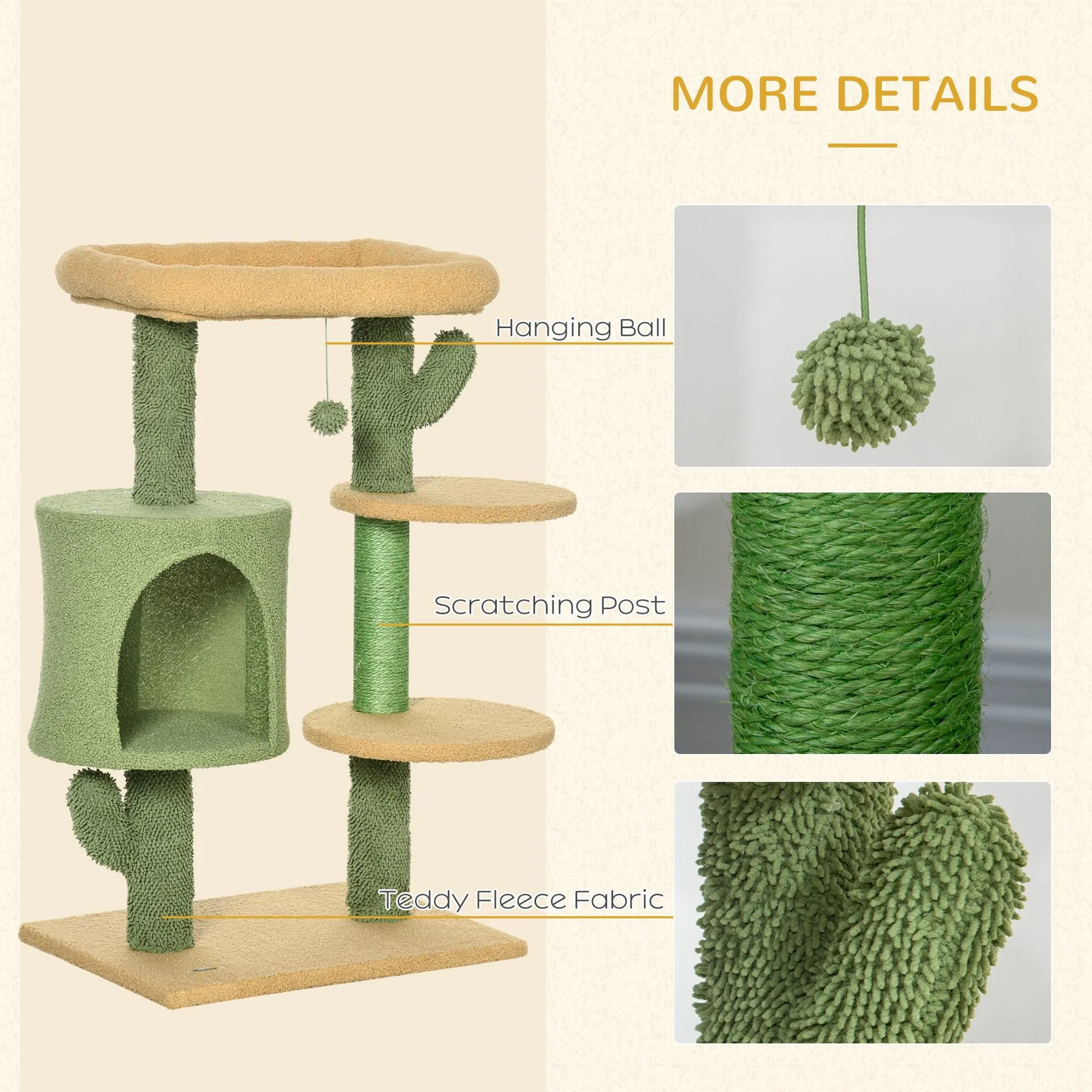 Cactus Cat Tree, 90cm Cat Climbing Tower, kitten Activity Centre with Teddy Fleece House, Bed, Sisal Scratching Posts and Hanging Ball, Green