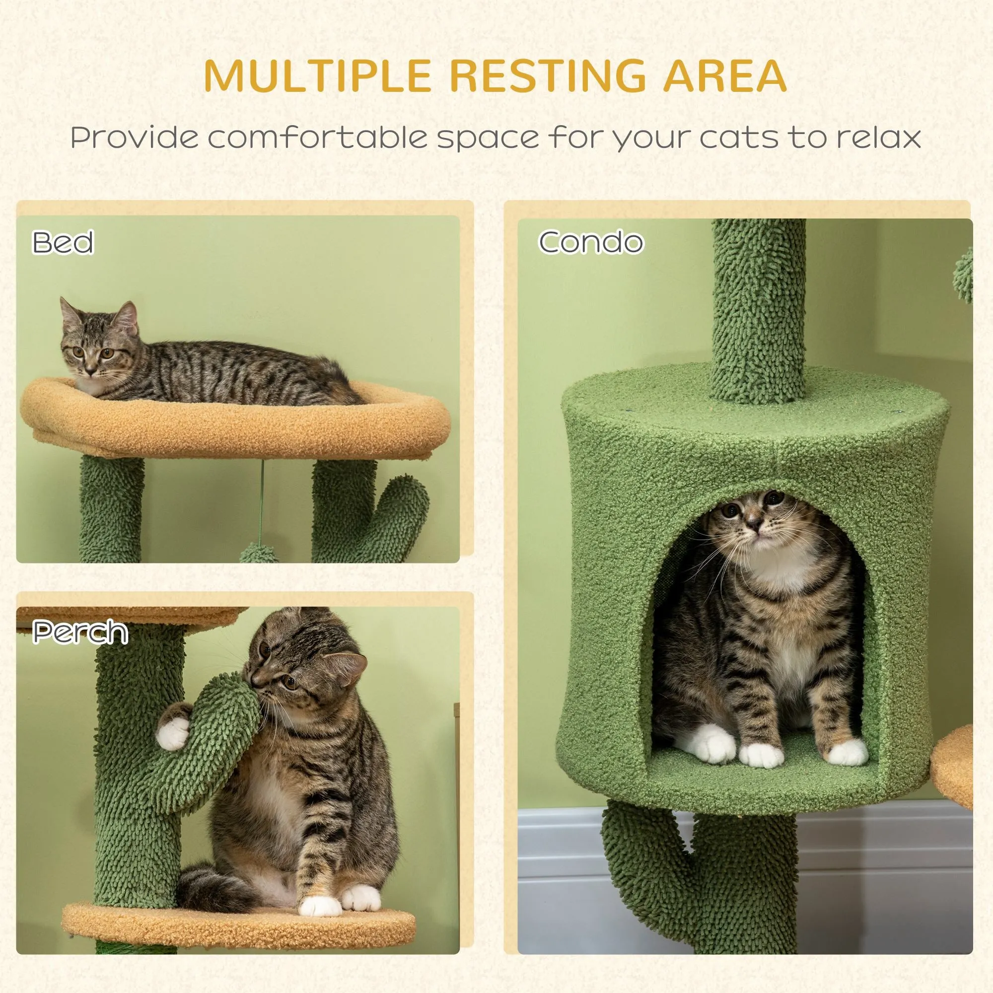 Cactus Cat Tree, 90cm Cat Climbing Tower, kitten Activity Centre with Teddy Fleece House, Bed, Sisal Scratching Posts and Hanging Ball, Green