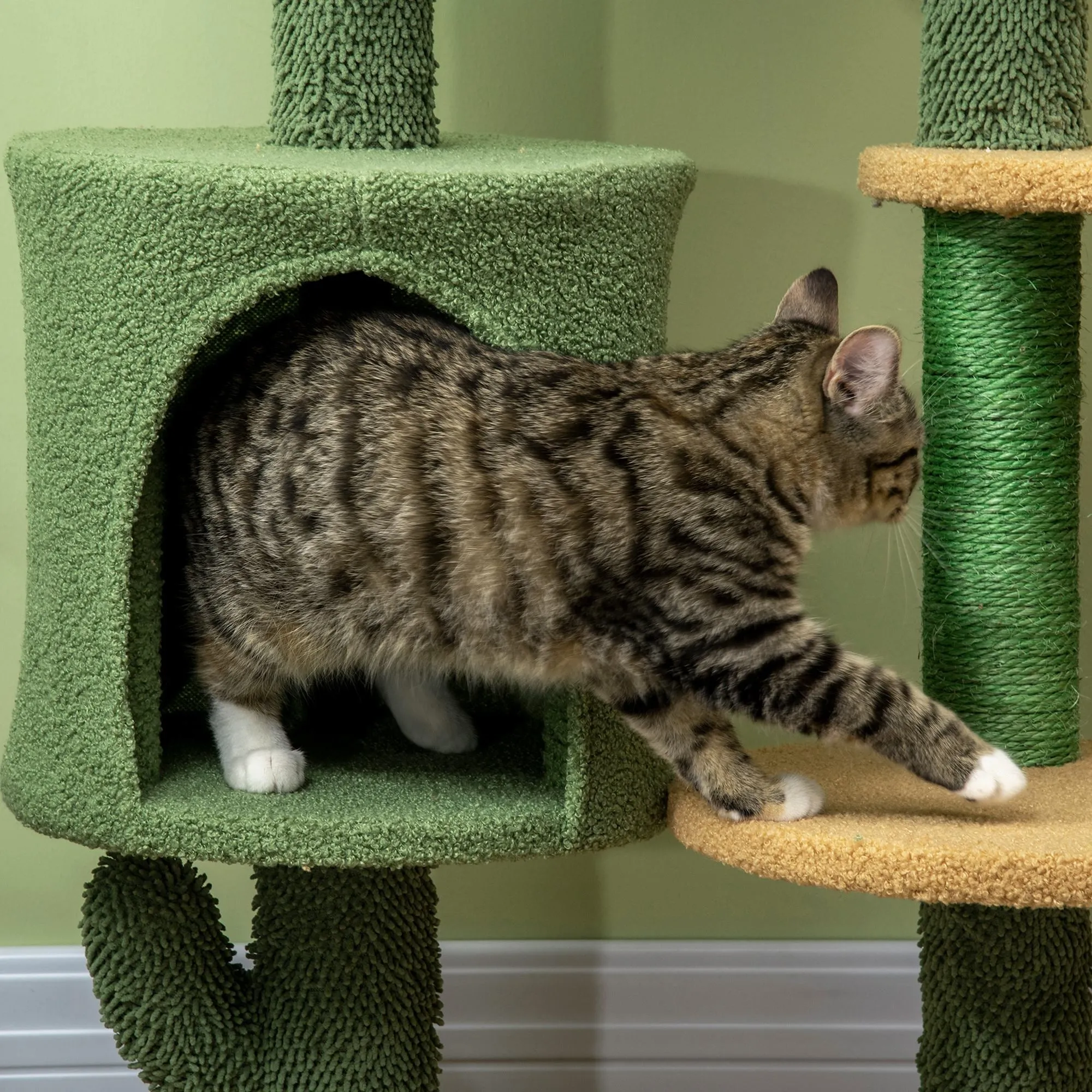 Cactus Cat Tree, 90cm Cat Climbing Tower, kitten Activity Centre with Teddy Fleece House, Bed, Sisal Scratching Posts and Hanging Ball, Green