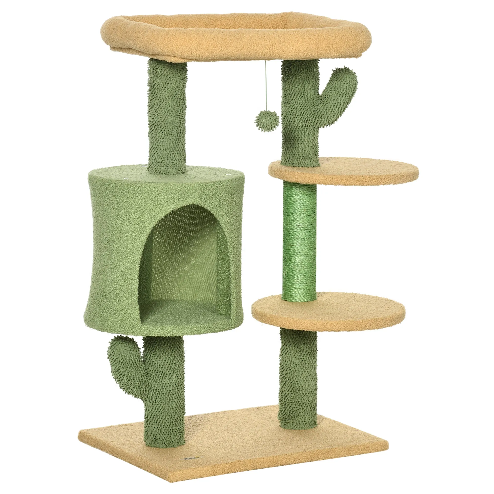 Cactus Cat Tree, 90cm Cat Climbing Tower, kitten Activity Centre with Teddy Fleece House, Bed, Sisal Scratching Posts and Hanging Ball, Green