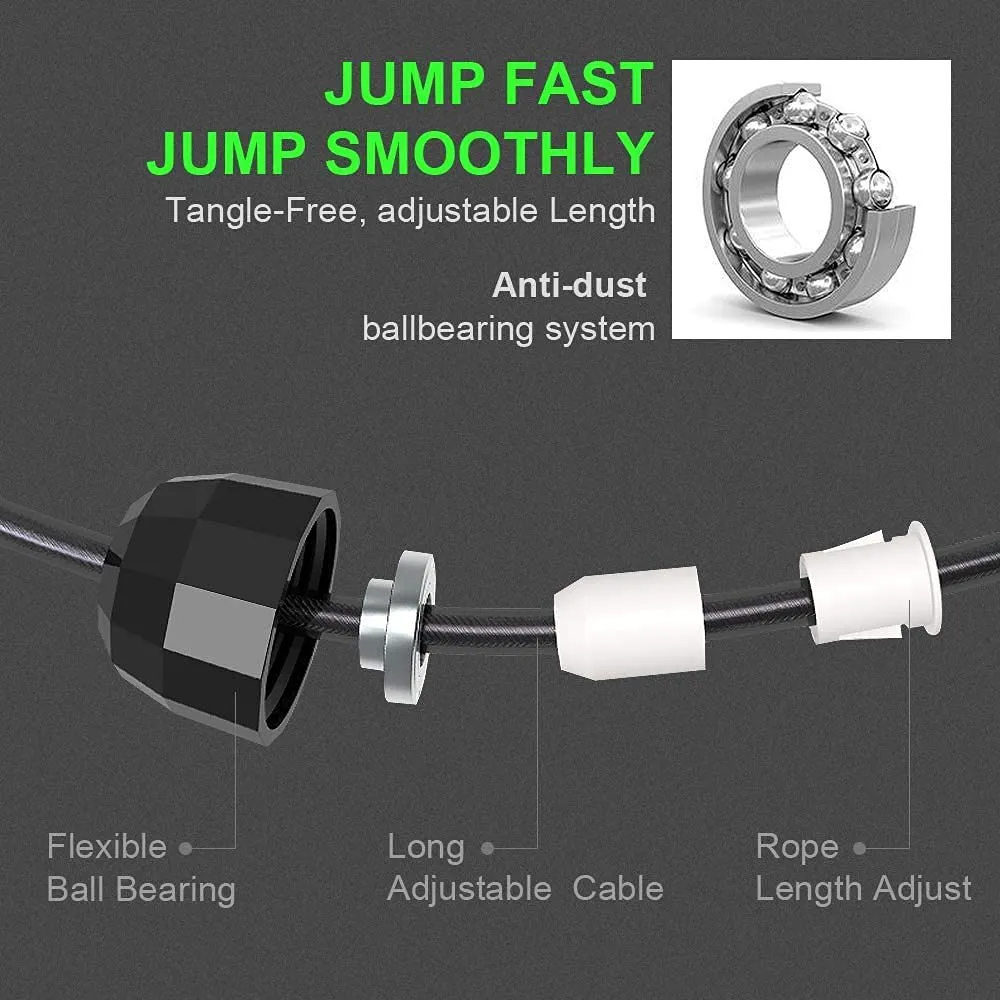 FirstFit Jump Rope Tangle-Free Rapid Speed Jumping Rope Cable with Ball Bearings for Women, Men, and Kids, Adjustable Steel Skipping Rope with Foam Handles for Gym Fitness - Black & Green