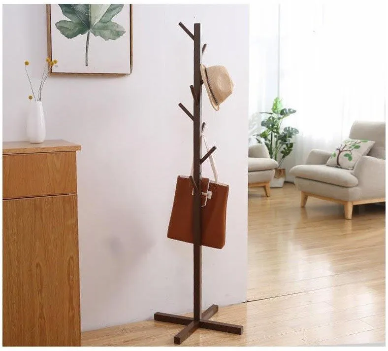 Modern Wooden Cross Base Stand Coat Hat Rack-Brown