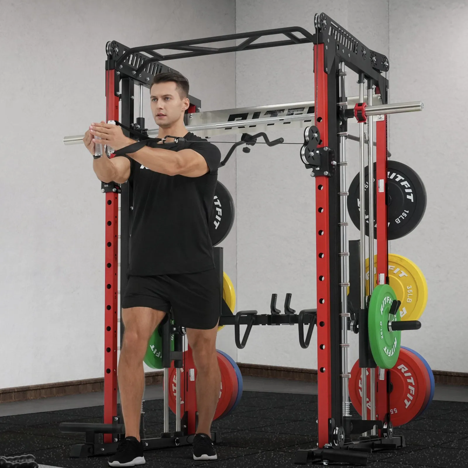 RitFit M1 Multi-Functional Smith Machine 2.0 with Cable Crossover System and Squat Rack for Home Gym