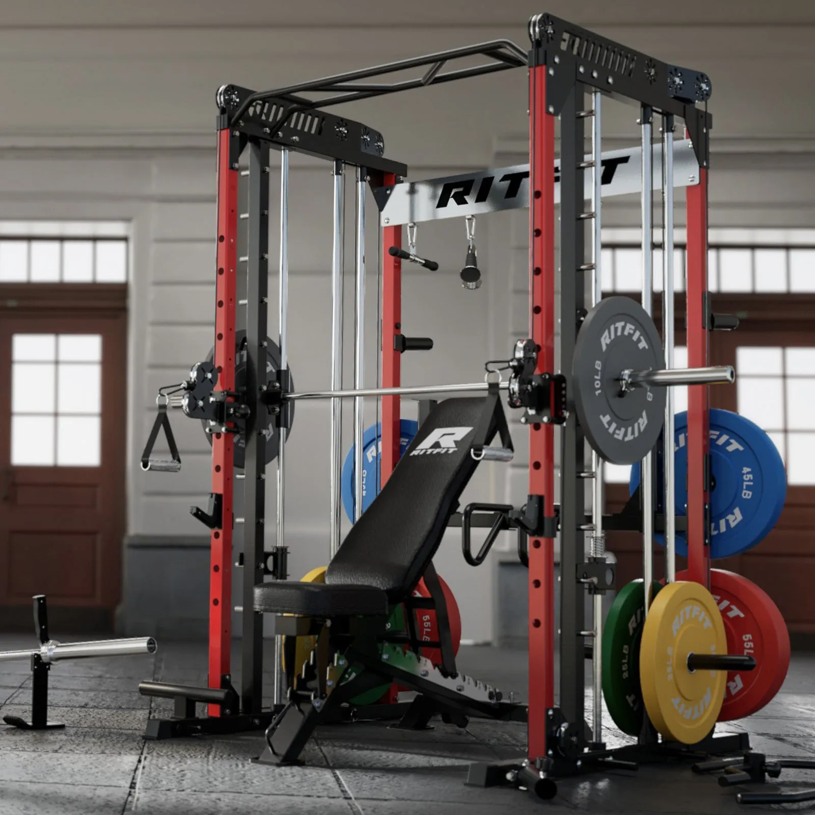 RitFit M1 Multi-Functional Smith Machine 2.0 with Cable Crossover System and Squat Rack for Home Gym